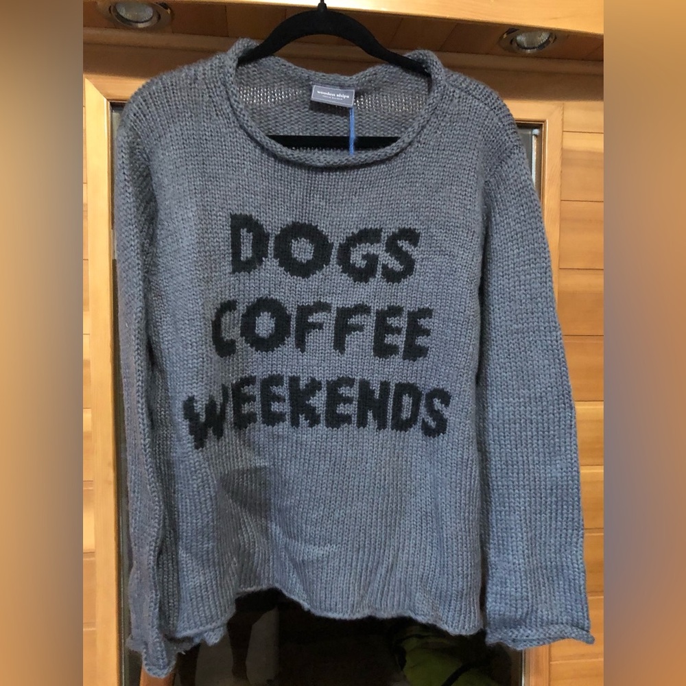 Wooden Ships Gray Crew Neck Sweater with Black Text NWT